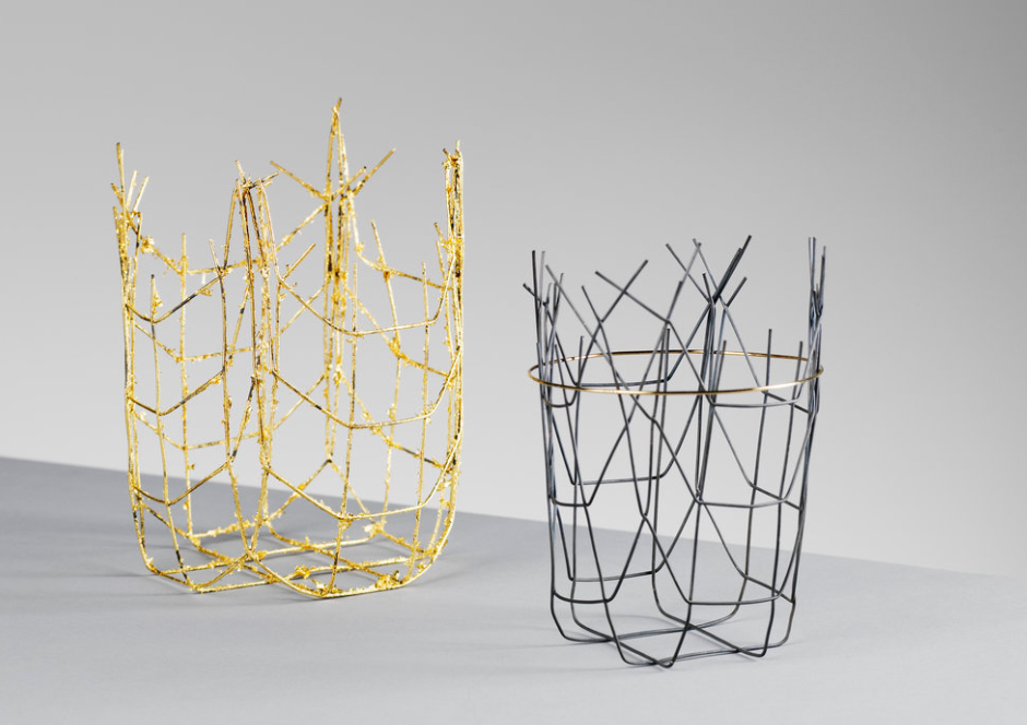 Andrew Flemming Distorted Vessels Steel and gold leaf, Silver and gold leaf.jpg
